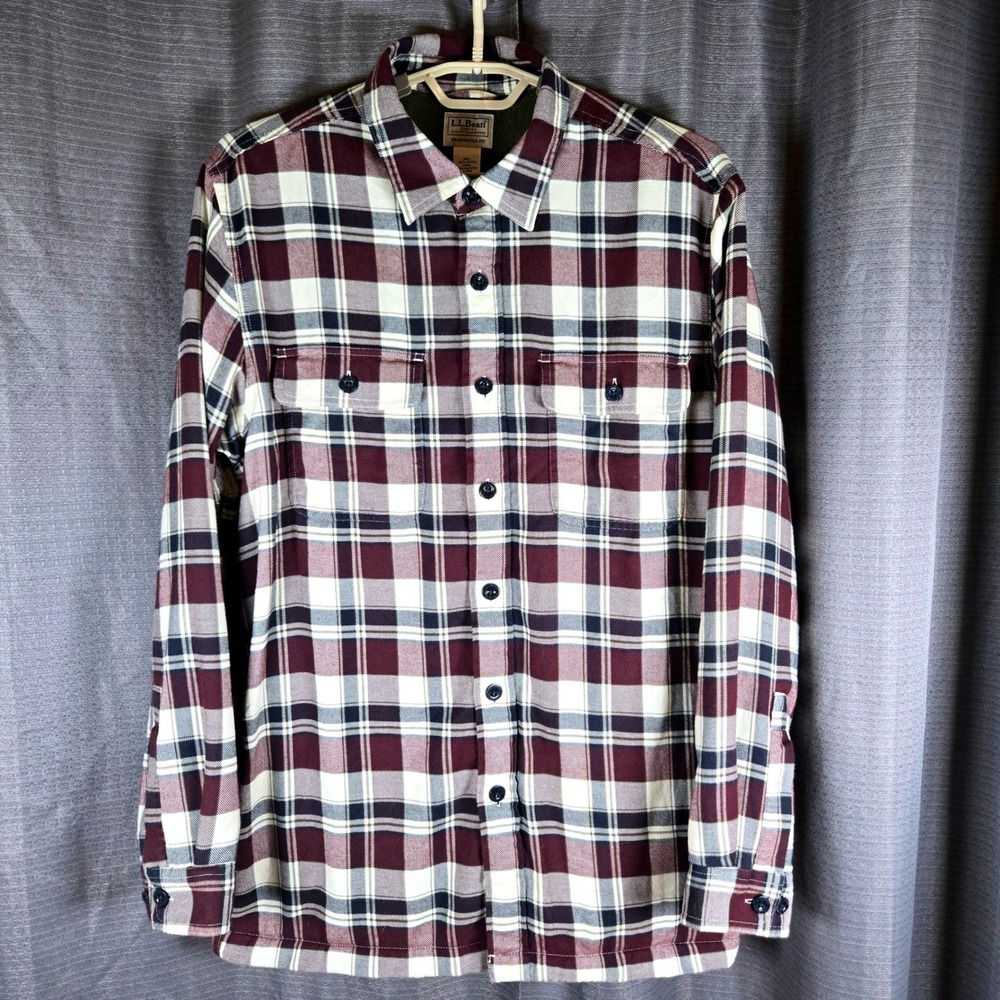 LL Bean Flannel Shirt Mens Medium Plaid Fleece Lined Pocket Jacket Shacket